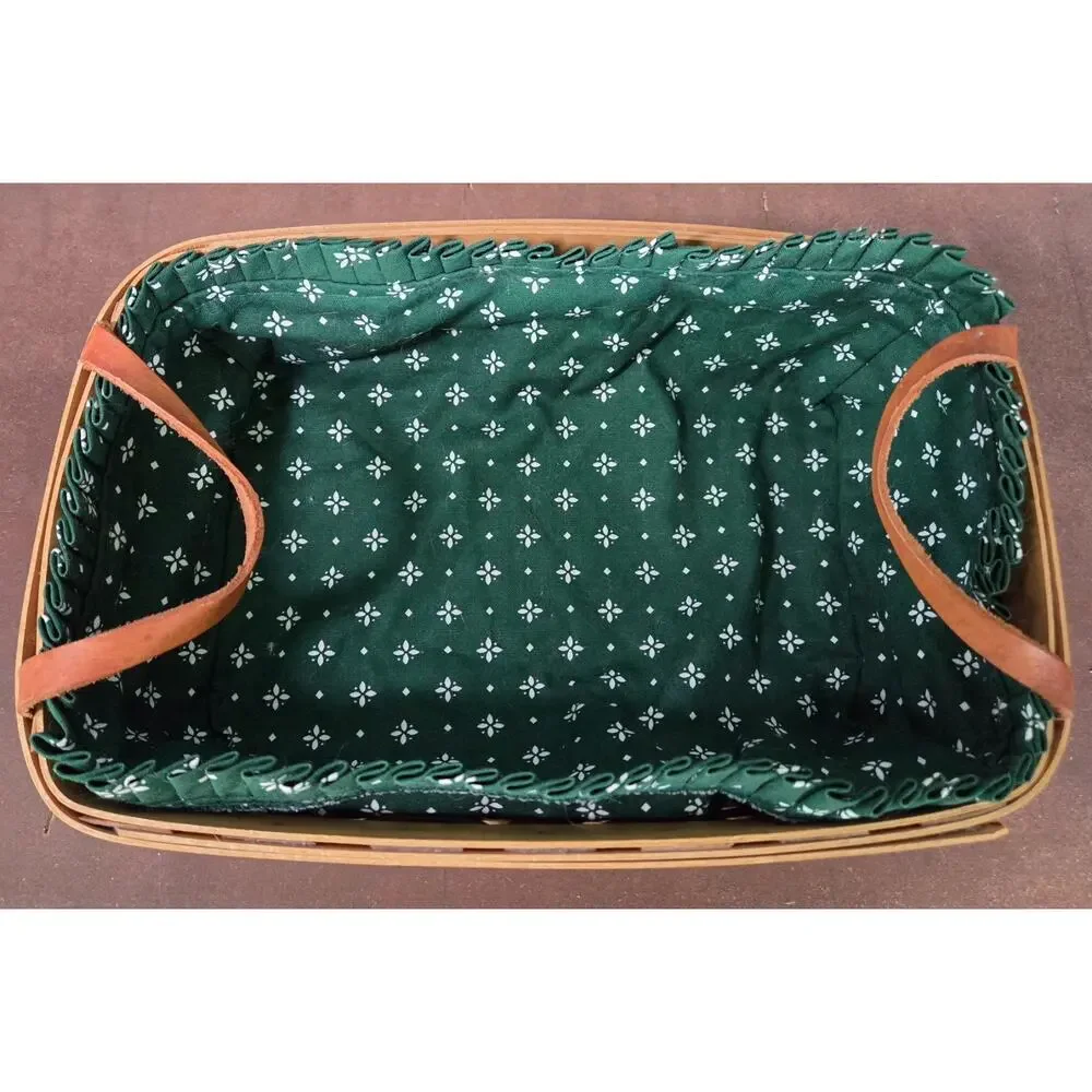 Vintage 1999 Longaberger Rectangle Basket Green Heritage Fabric Liner & Handles